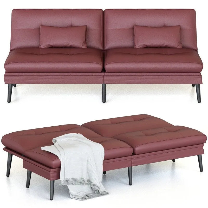 Grondin Convertible Futon Sofa Bed, 5-Angle Adjustable Backrest Sleeper Couch with 2 Pillows, Modern Style Recliner Lounge