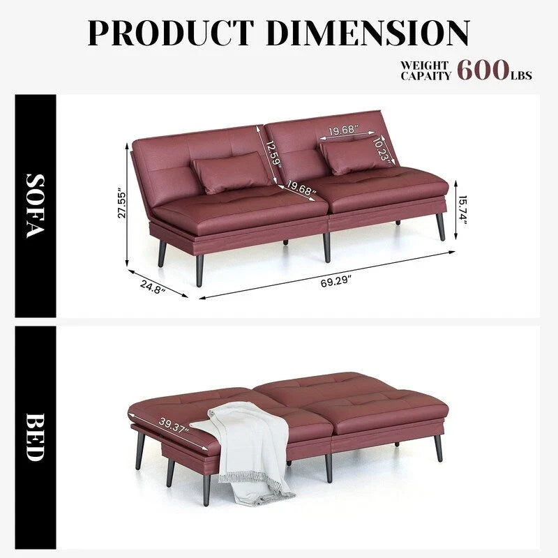 Grondin Convertible Futon Sofa Bed, 5-Angle Adjustable Backrest Sleeper Couch with 2 Pillows, Modern Style Recliner Lounge