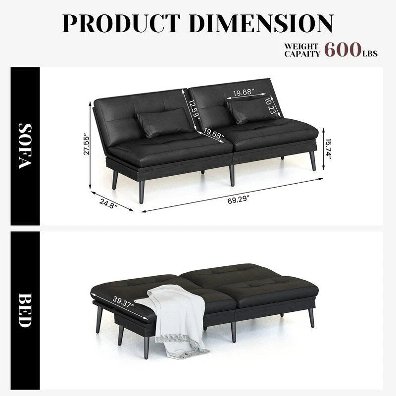 Grondin Convertible Futon Sofa Bed, 5-Angle Adjustable Backrest Sleeper Couch with 2 Pillows, Modern Style Recliner Lounge