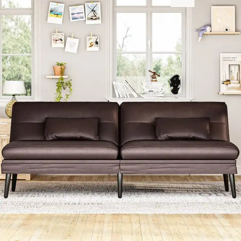 Grondin Convertible Futon Sofa Bed, 5-Angle Adjustable Backrest Sleeper Couch with 2 Pillows, Modern Style Recliner Lounge
