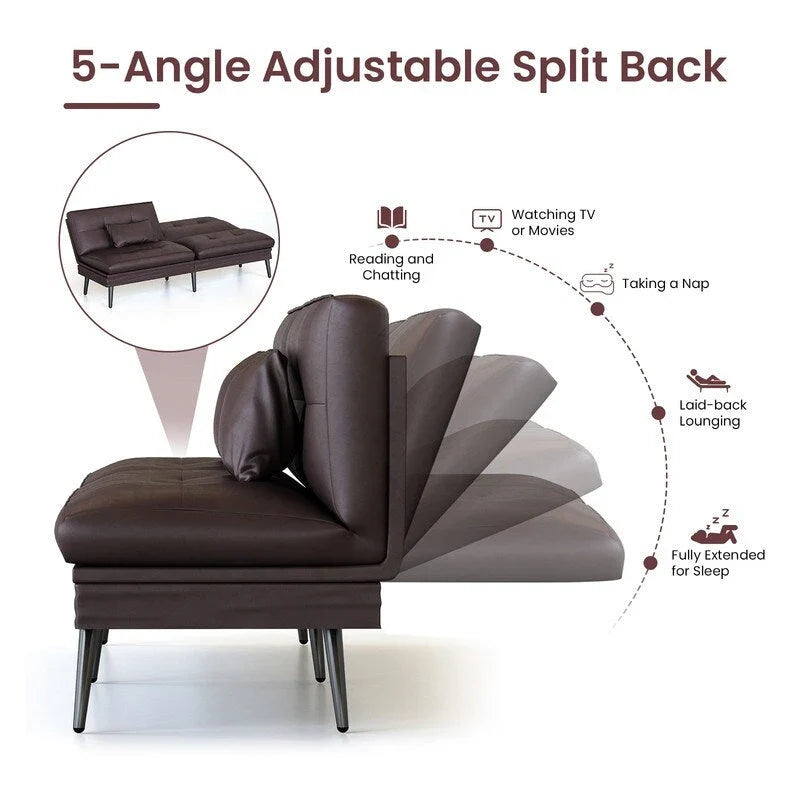 Grondin Convertible Futon Sofa Bed, 5-Angle Adjustable Backrest Sleeper Couch with 2 Pillows, Modern Style Recliner Lounge