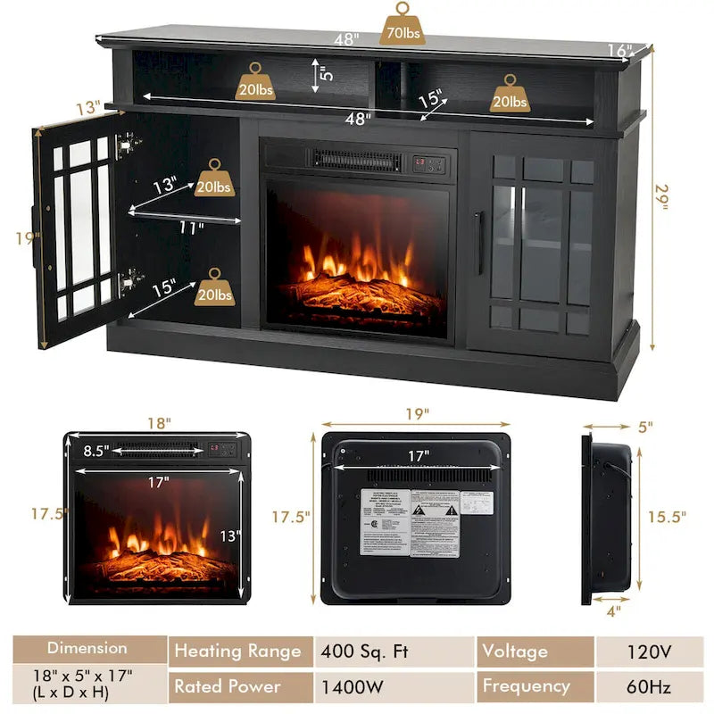 Gymax 48 TV Stand Console Cabinet w/ Fireplace Entertainment Center - 48 x 16 x 30