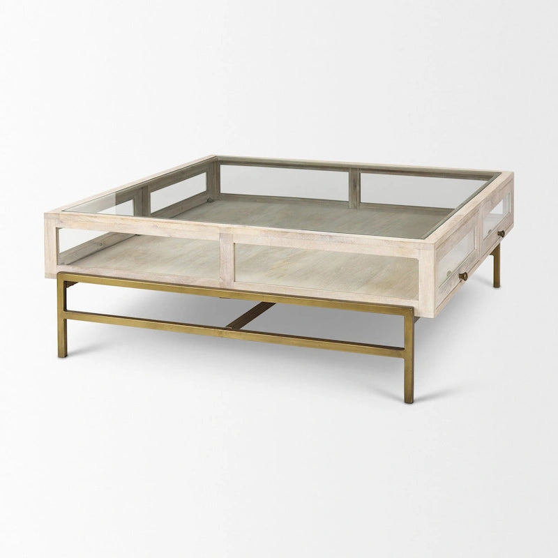 HomeRoots 44 Off White Clear And Gold Solid Wood Glass And Iron Storage Coffee Table - 43.5' X '15' X '43.5