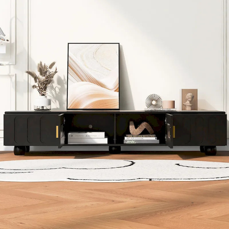 Modern Solid Wood Legs TV Stand with 4 Storage Shelf and 2 Storage Doors for Living Room Entertainment
