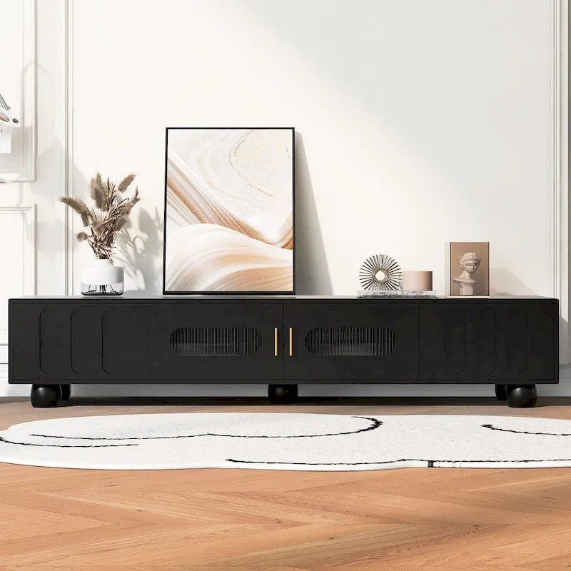 Modern Solid Wood Legs TV Stand with 4 Storage Shelf and 2 Storage Doors for Living Room Entertainment