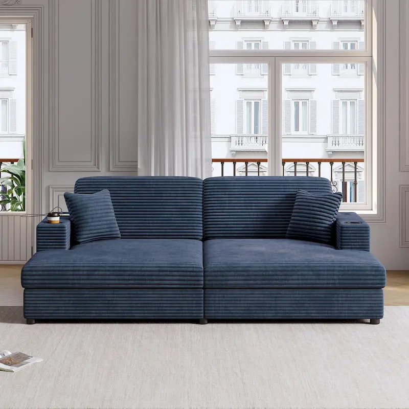 Roomfitters Oversized Loveseat Chaise Lounge Sectional Sofa Bed, Corduroy Sleeper with USB Ports, Cup Holders