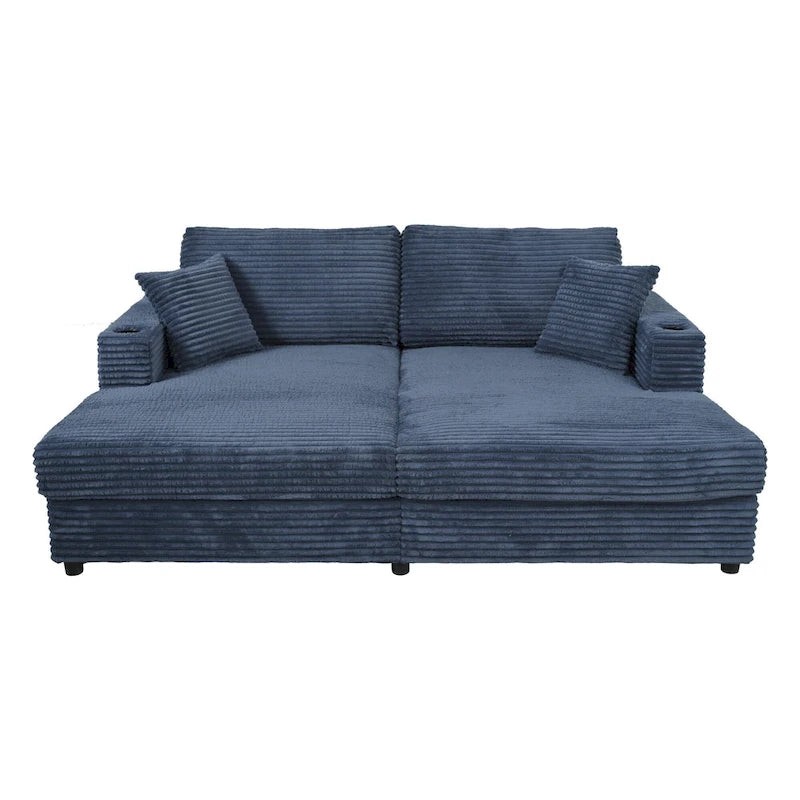 Roomfitters Oversized Loveseat Chaise Lounge Sectional Sofa Bed, Corduroy Sleeper with USB Ports, Cup Holders