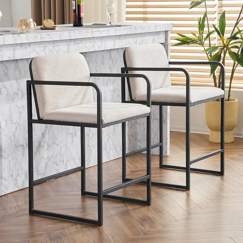 Set of 2,Modern Upholstered Counter Height Bar Stool with Armrests, Metal Frame and Padded Seat