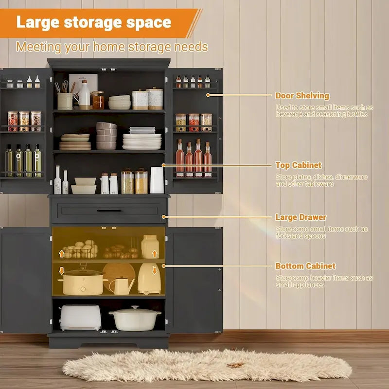 72in Kitchen Storage Pantry Cabinet for Dining Room,Adjustable Shelves