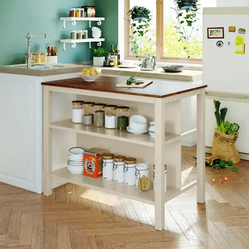 Solid Wood Rustic 45-Inch Fixed Kitchen Island, Rubberwood Butcher Block Dining & Prep Table With Two Open Shelves .