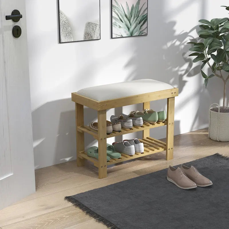 HOMCOM Bamboo Shoe Bench, 3-Tier Entryway Bench with Storage and Cushion, Shoe Organizer for Entryway, Hallway