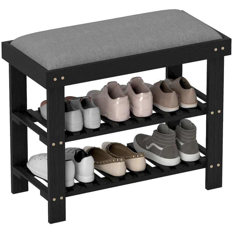 HOMCOM Bamboo Shoe Bench, 3-Tier Entryway Bench with Storage and Cushion, Shoe Organizer for Entryway, Hallway