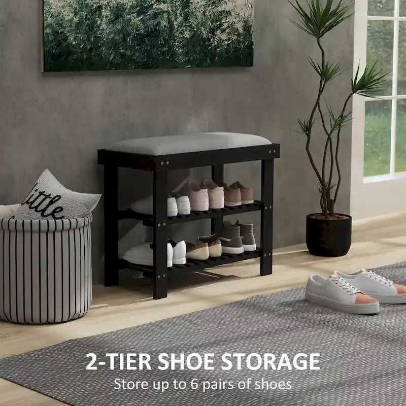 HOMCOM Bamboo Shoe Bench, 3-Tier Entryway Bench with Storage and Cushion, Shoe Organizer for Entryway, Hallway