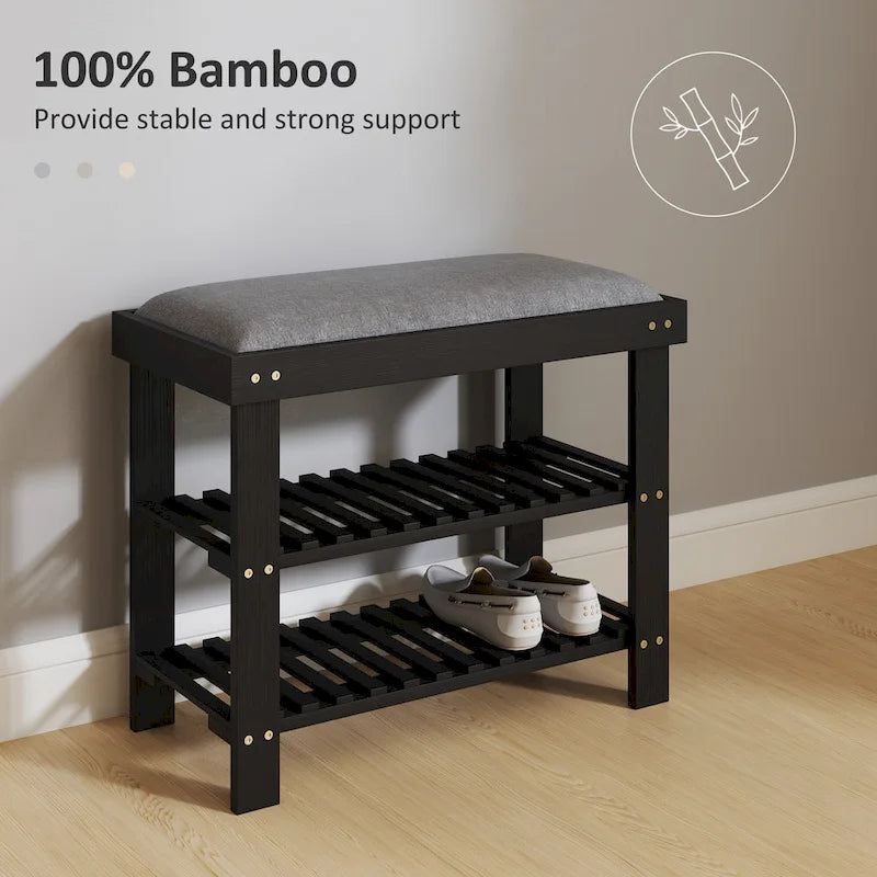 HOMCOM Bamboo Shoe Bench, 3-Tier Entryway Bench with Storage and Cushion, Shoe Organizer for Entryway, Hallway