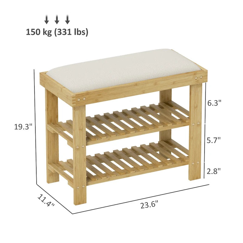 HOMCOM Bamboo Shoe Bench, 3-Tier Entryway Bench with Storage and Cushion, Shoe Organizer for Entryway, Hallway