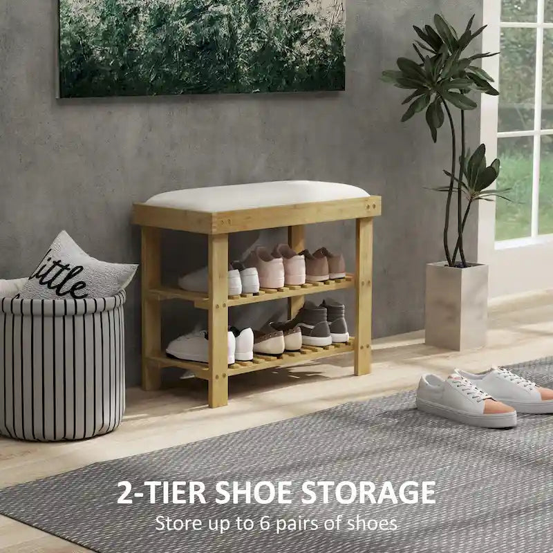 HOMCOM Bamboo Shoe Bench, 3-Tier Entryway Bench with Storage and Cushion, Shoe Organizer for Entryway, Hallway