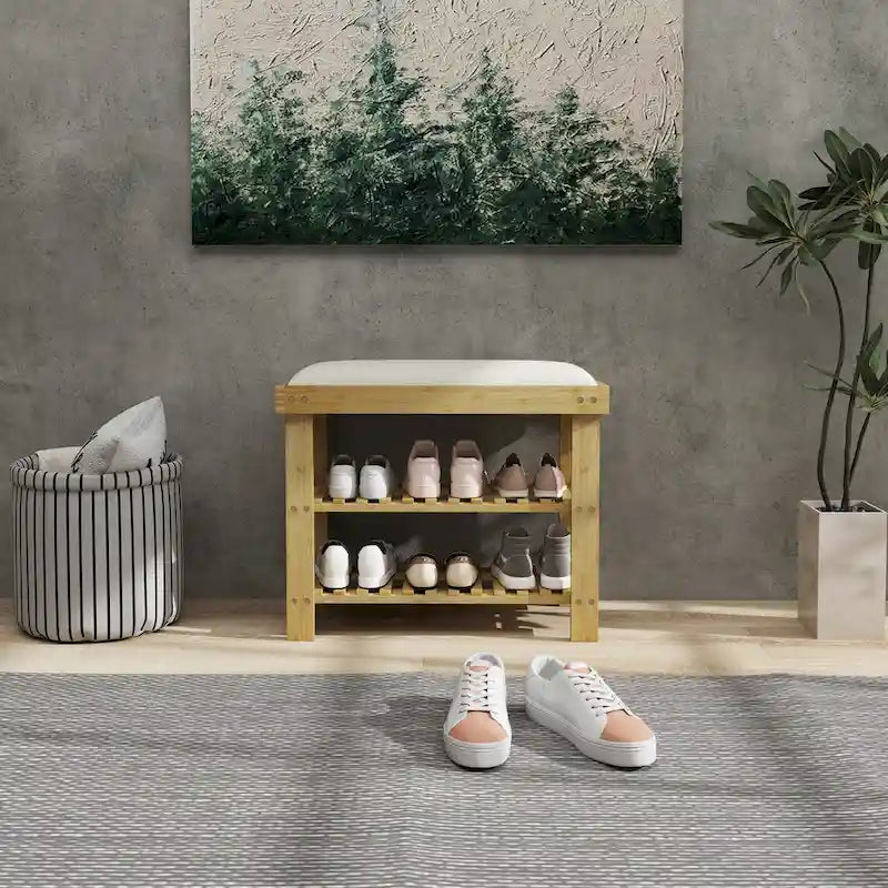 HOMCOM Bamboo Shoe Bench, 3-Tier Entryway Bench with Storage and Cushion, Shoe Organizer for Entryway, Hallway