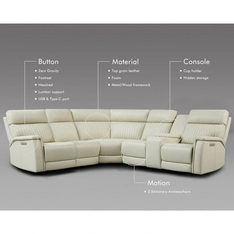 105 W Genuine Leather Power Sectional with Recliner Sofa Set with Triple Power, Single Console, USB&USB-C Ports