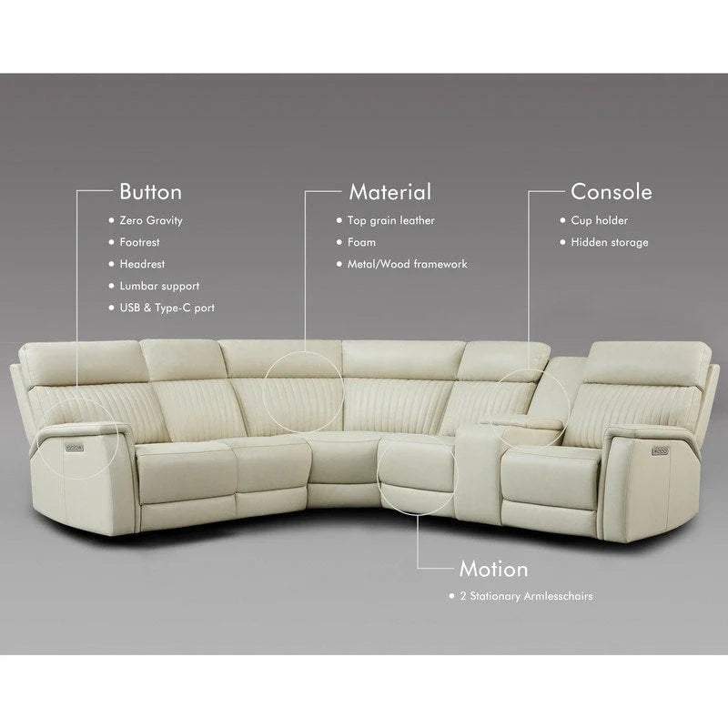 105 W Genuine Leather Power Sectional with Recliner Sofa Set with Triple Power, Single Console, USB&USB-C Ports
