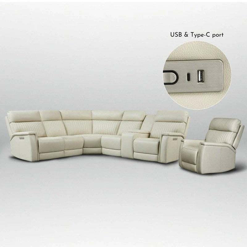 105 W Genuine Leather Power Sectional with Recliner Sofa Set with Triple Power, Single Console, USB&USB-C Ports