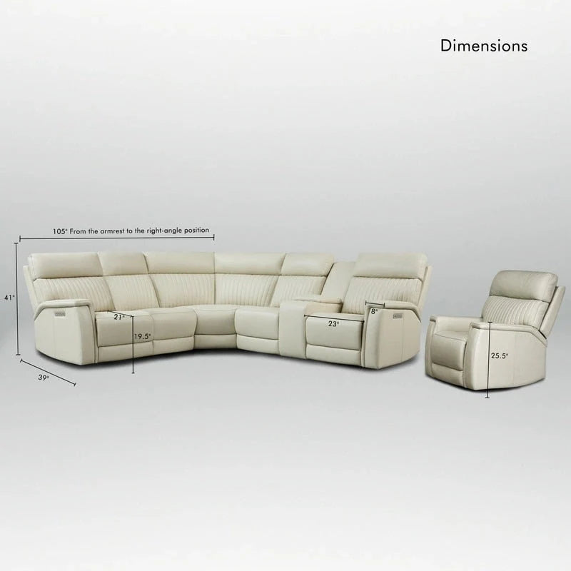 105 W Genuine Leather Power Sectional with Recliner Sofa Set with Triple Power, Single Console, USB&USB-C Ports