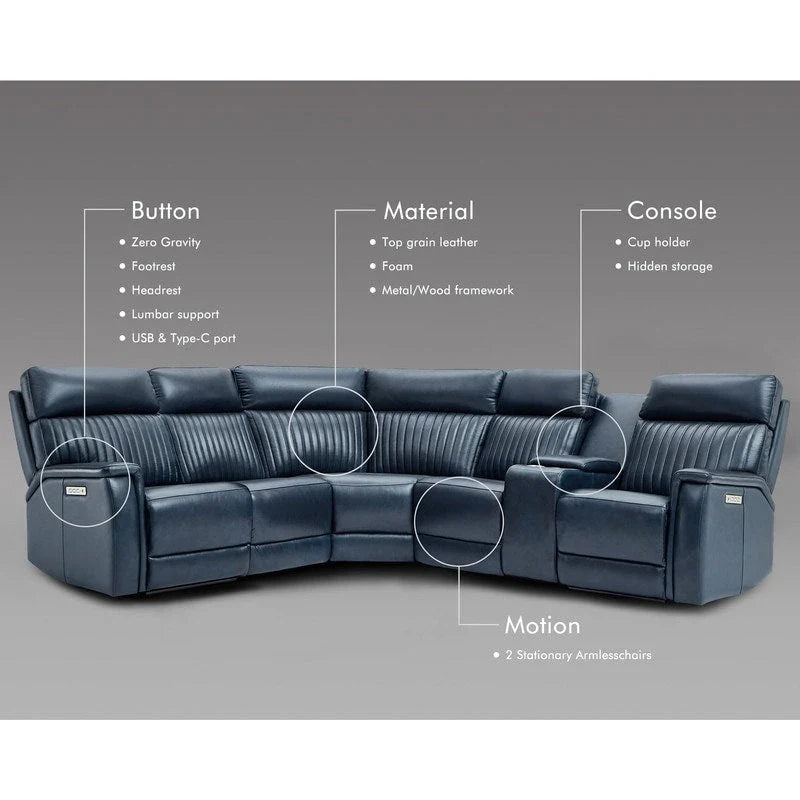 105 W Genuine Leather Power Sectional with Recliner Sofa Set with Triple Power, Single Console, USB&USB-C Ports