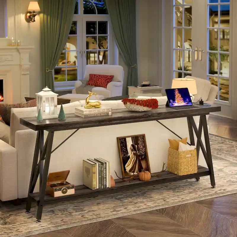 70.9 Extra Long Console Table Sofa Table with Charging Station and Storage Shelf,Industrial Hallway Entry Table