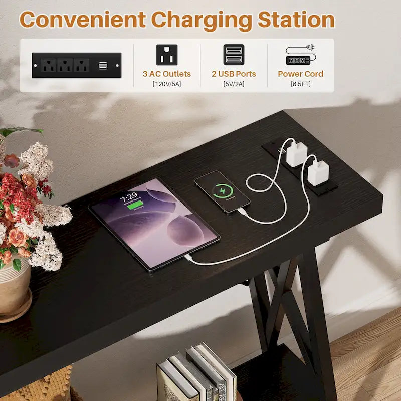 70.9 Extra Long Console Table Sofa Table with Charging Station and Storage Shelf,Industrial Hallway Entry Table