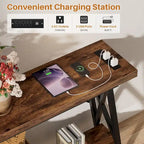 70.9 Extra Long Console Table Sofa Table with Charging Station and Storage Shelf,Industrial Hallway Entry Table