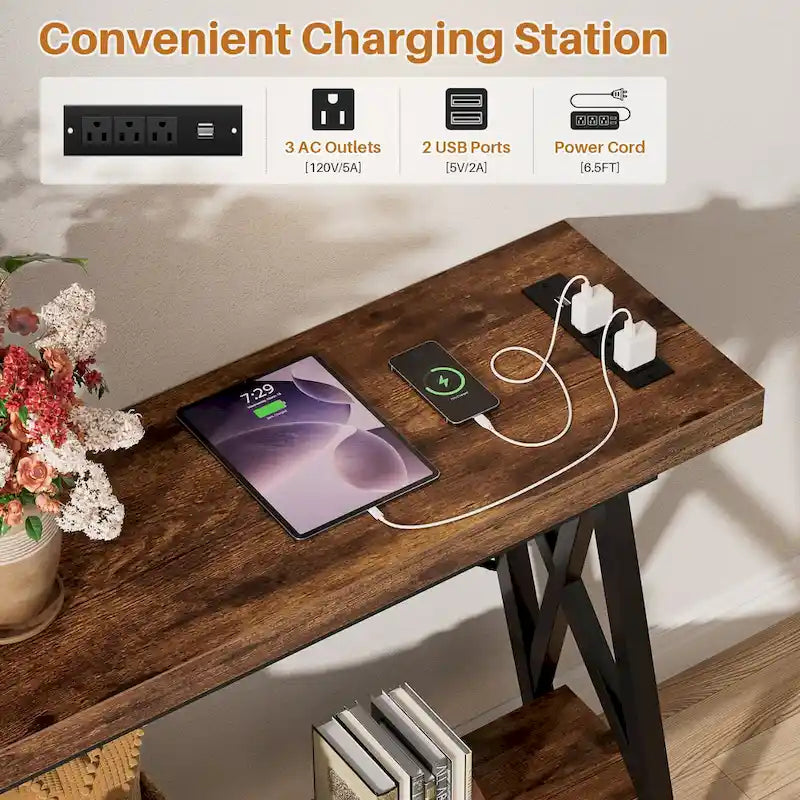70.9 Extra Long Console Table Sofa Table with Charging Station and Storage Shelf,Industrial Hallway Entry Table