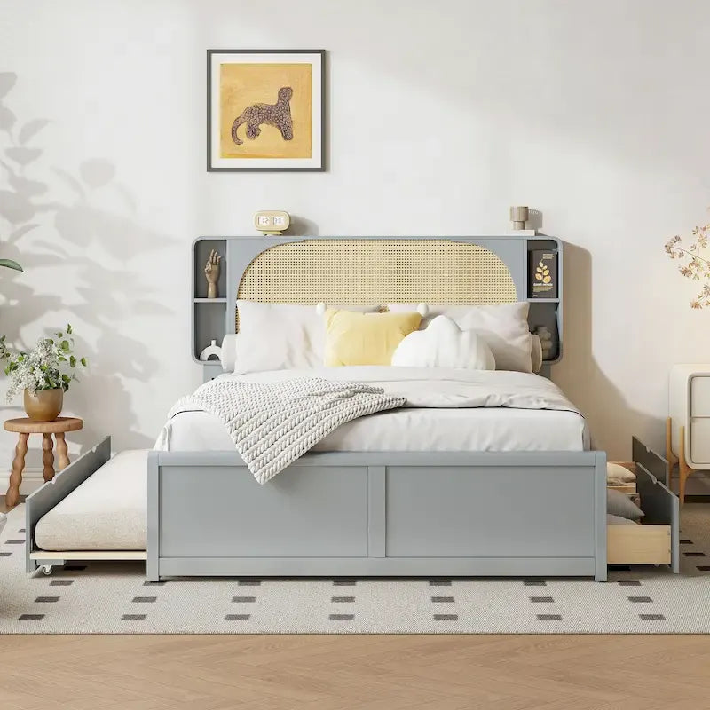 Queen Size Platform Bed Frame with Rattan Headboard & 2 Drawers and Pull Out Trundle, Wood Bed Frame with Shelves