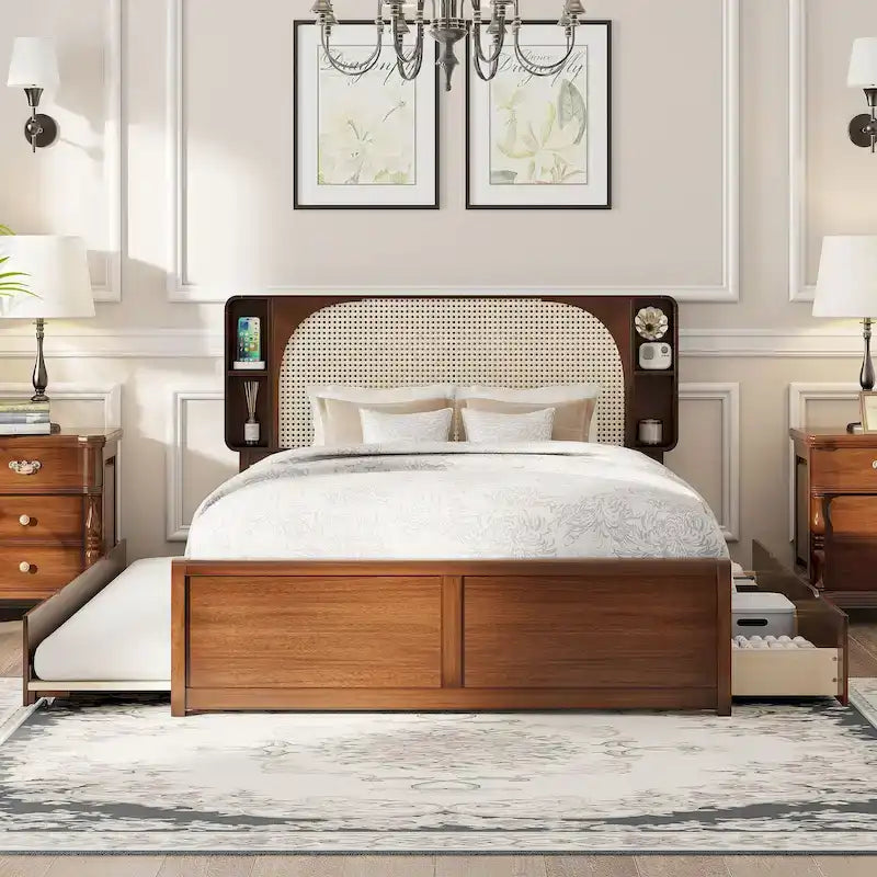 Queen Size Platform Bed Frame with Rattan Headboard & 2 Drawers and Pull Out Trundle, Wood Bed Frame with Shelves