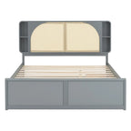 Queen Size Platform Bed Frame with Rattan Headboard & 2 Drawers and Pull Out Trundle, Wood Bed Frame with Shelves