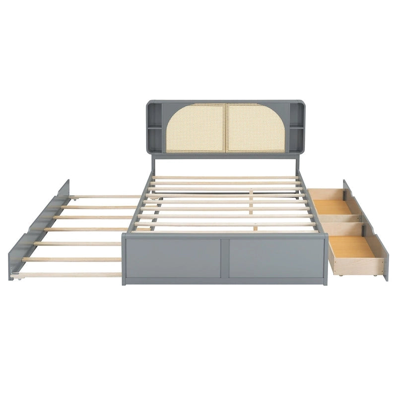 Queen Size Platform Bed Frame with Rattan Headboard & 2 Drawers and Pull Out Trundle, Wood Bed Frame with Shelves