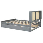 Queen Size Platform Bed Frame with Rattan Headboard & 2 Drawers and Pull Out Trundle, Wood Bed Frame with Shelves