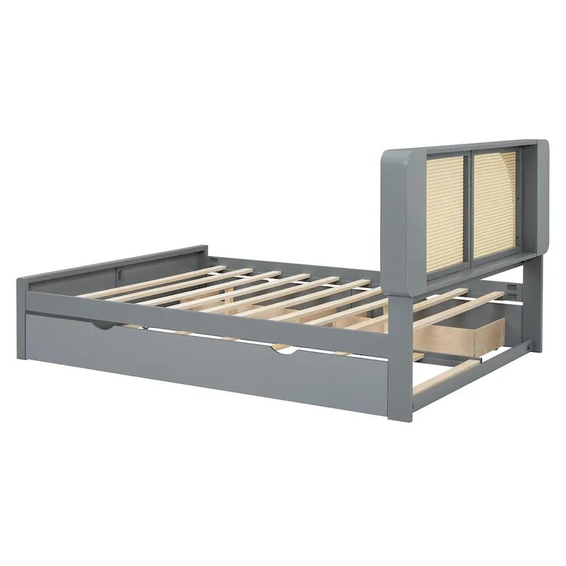Queen Size Platform Bed Frame with Rattan Headboard & 2 Drawers and Pull Out Trundle, Wood Bed Frame with Shelves