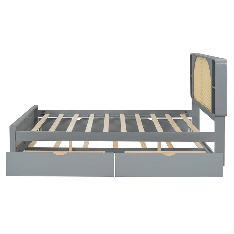 Queen Size Platform Bed Frame with Rattan Headboard & 2 Drawers and Pull Out Trundle, Wood Bed Frame with Shelves