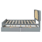 Queen Size Platform Bed Frame with Rattan Headboard & 2 Drawers and Pull Out Trundle, Wood Bed Frame with Shelves