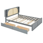 Queen Size Platform Bed Frame with Rattan Headboard & 2 Drawers and Pull Out Trundle, Wood Bed Frame with Shelves