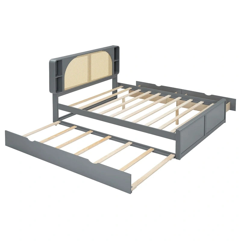 Queen Size Platform Bed Frame with Rattan Headboard & 2 Drawers and Pull Out Trundle, Wood Bed Frame with Shelves