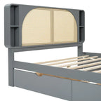Queen Size Platform Bed Frame with Rattan Headboard & 2 Drawers and Pull Out Trundle, Wood Bed Frame with Shelves