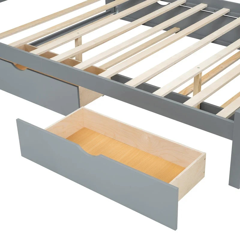 Queen Size Platform Bed Frame with Rattan Headboard & 2 Drawers and Pull Out Trundle, Wood Bed Frame with Shelves