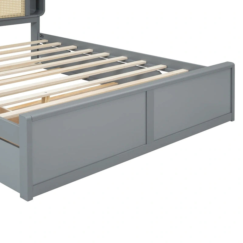 Queen Size Platform Bed Frame with Rattan Headboard & 2 Drawers and Pull Out Trundle, Wood Bed Frame with Shelves