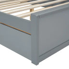 Queen Size Platform Bed Frame with Rattan Headboard & 2 Drawers and Pull Out Trundle, Wood Bed Frame with Shelves