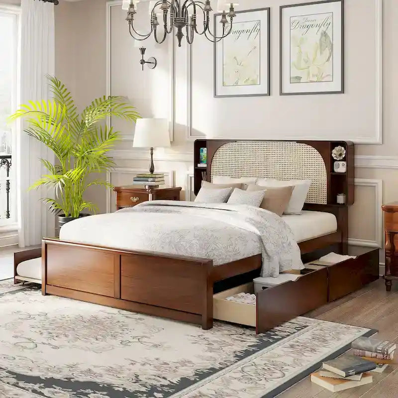 Queen Size Platform Bed Frame with Rattan Headboard & 2 Drawers and Pull Out Trundle, Wood Bed Frame with Shelves