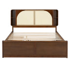 Queen Size Platform Bed Frame with Rattan Headboard & 2 Drawers and Pull Out Trundle, Wood Bed Frame with Shelves