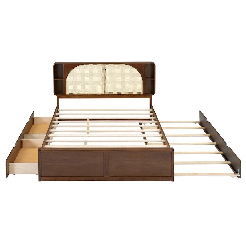 Queen Size Platform Bed Frame with Rattan Headboard & 2 Drawers and Pull Out Trundle, Wood Bed Frame with Shelves