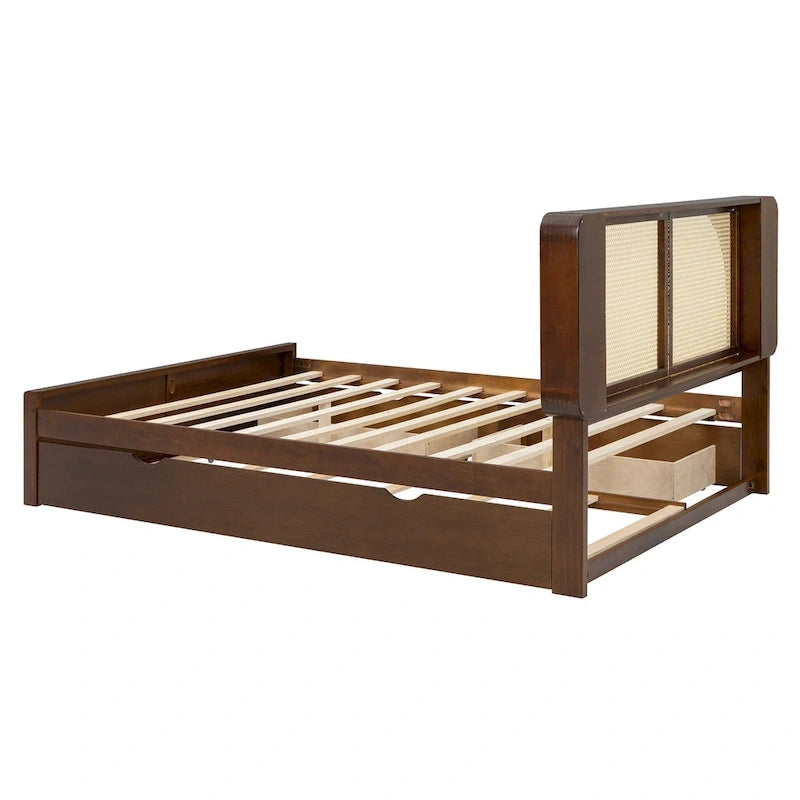 Queen Size Platform Bed Frame with Rattan Headboard & 2 Drawers and Pull Out Trundle, Wood Bed Frame with Shelves