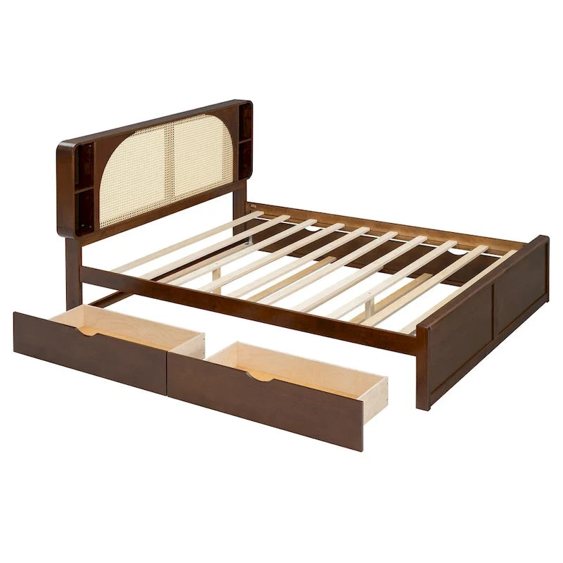 Queen Size Platform Bed Frame with Rattan Headboard & 2 Drawers and Pull Out Trundle, Wood Bed Frame with Shelves