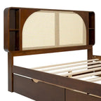 Queen Size Platform Bed Frame with Rattan Headboard & 2 Drawers and Pull Out Trundle, Wood Bed Frame with Shelves